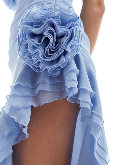 💸 Azure Elegance - Deluxe Asymmetrical Maxi Dress with Ruffles and Corsage