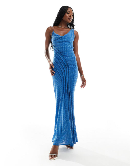 🩱 Azure Elegance - Draped Maxi Dress with Hotfix Embellishments