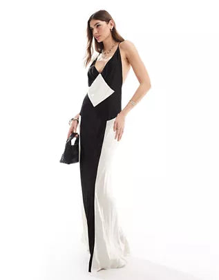 👗 Monochrome Elegance: Satin Maxi Dress
